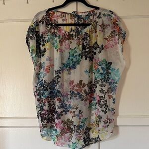 CAbi Sheer Floral Cap-Sleeve Blouse in White Multicolor